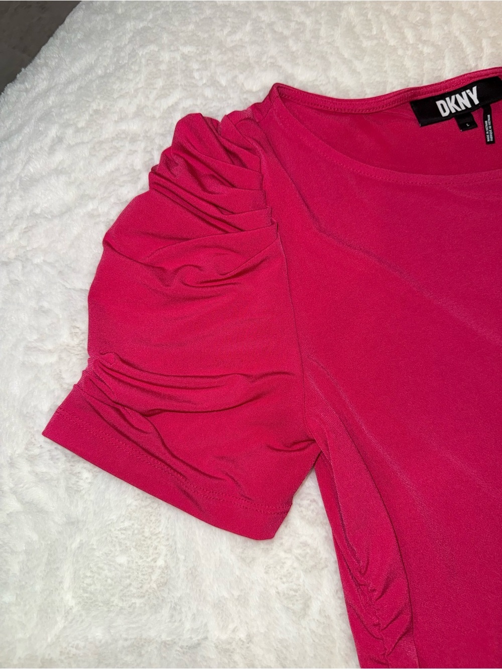 3 x 20$ DKNY Women's Bright Fuchsia Short Sleeve Ruched Tee Size L - Picture 5 of 6